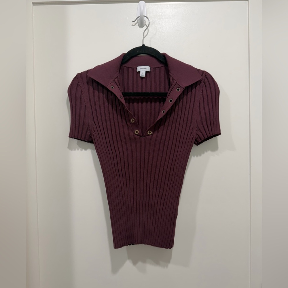 REISS Poppy Lace-Up Polo Sweater- Burgundy (size L) - Picture 3 of 6